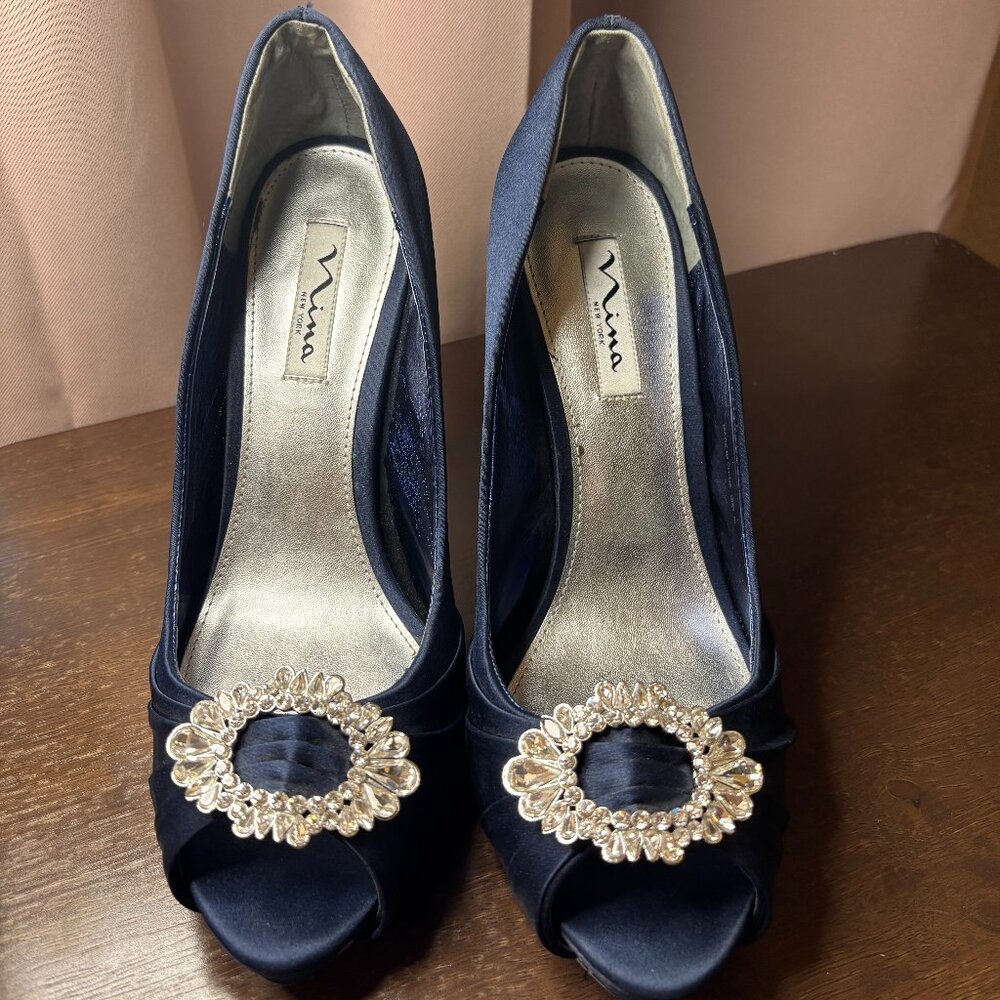 Nina Navy Heels, Satin with Open-Toe with Crystal Embellishment on Toe (LikeNew)